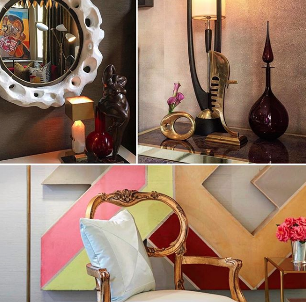 instagram photo collage featuring the interior design work of Michel Smith Boyd, Justin Shaulis and Patrick Hamilton as well as the various objects sourced for their designs by Heather Karlie Vieira of HKFA