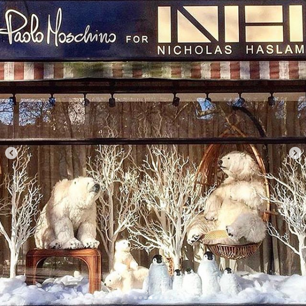 photo of the Paolo Moschino for Nicholas Haslam showroom window featuring a bamboo table in the style of Gabriella Crespi sourced by Heather Karlie Vieira of HKFA