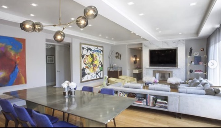 photo of a brooklyn new york penthouse apartment interior designed by new york city designer justin shaulis featured a large abstract painting sourced by heather karlie vieira of hkfa